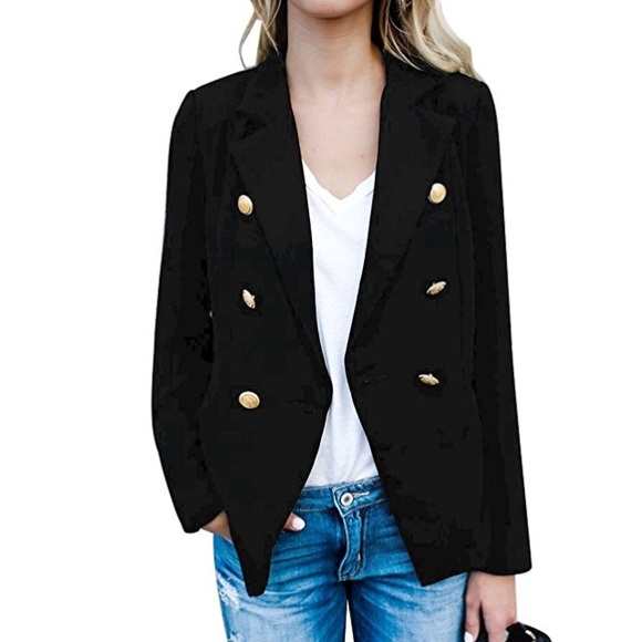 Button Detail Notched Lapel Chic Blazer Black - Picture 3 of 6