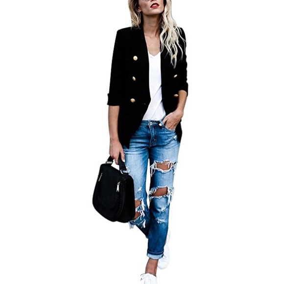 Button Detail Notched Lapel Chic Blazer Black - Picture 4 of 6