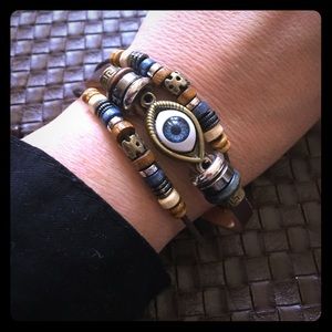 NWT multi strand brown leather evil eye bracelet
