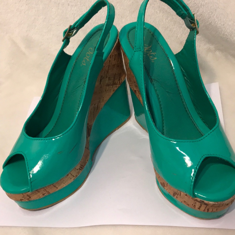 Teal Cork Wedge Heels