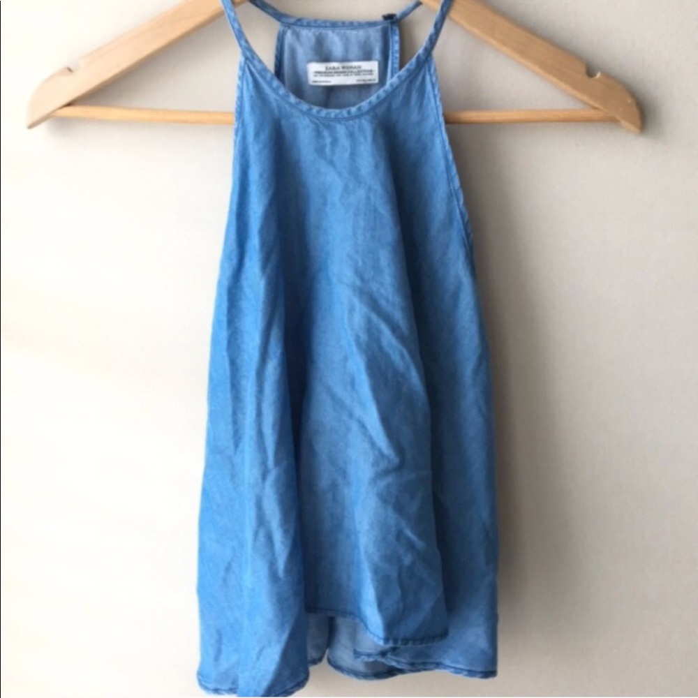 Zara high neck denim chambray tank