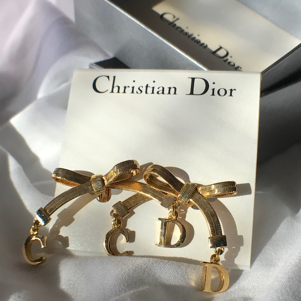 Christian Dior Gold Ribbon Earrings ORIGINAL w/box