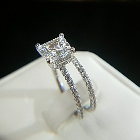 14k Solid Gold 3ct Princess Engagement Ring 2pc - Picture 2 of 8