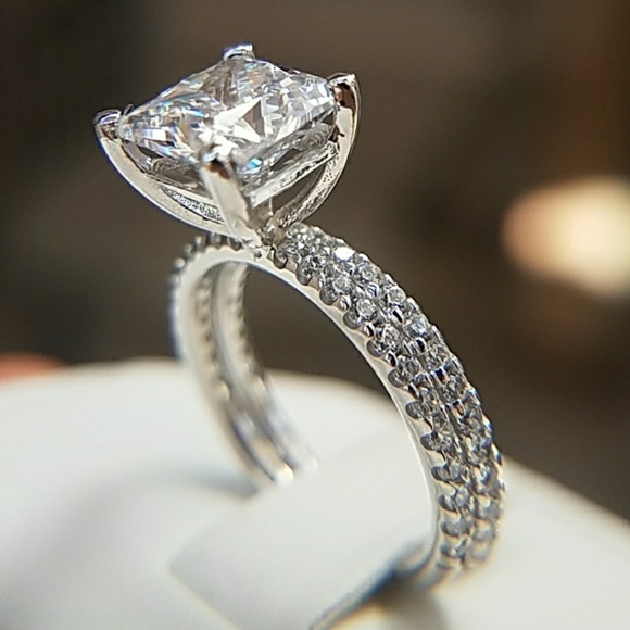 14k Solid Gold 3ct Princess Engagement Ring 2pc - Picture 3 of 8