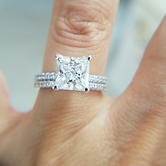 14k Solid Gold 3ct Princess Engagement Ring 2pc - Picture 6 of 8