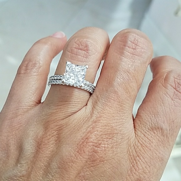 14k Solid Gold 3ct Princess Engagement Ring 2pc - Picture 7 of 8