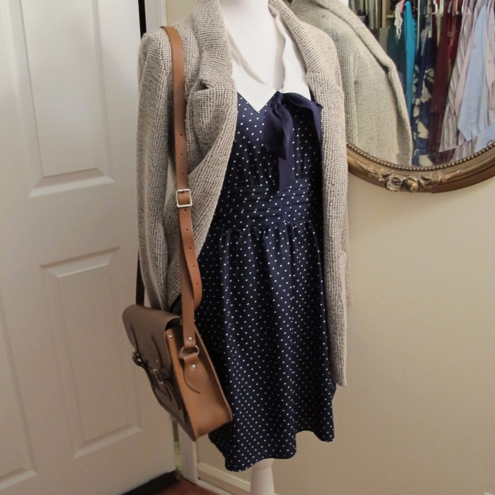 Navy blue/White polkadot Color bow Dress Cap Sleev