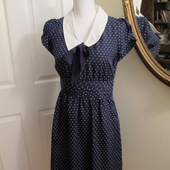 Navy blue/White polkadot Color bow Dress Cap Sleev - Picture 7 of 8