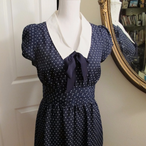 Navy blue/White polkadot Color bow Dress Cap Sleev - Picture 5 of 8