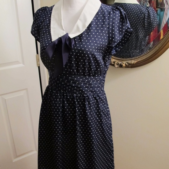 Navy blue/White polkadot Color bow Dress Cap Sleev - Picture 2 of 8