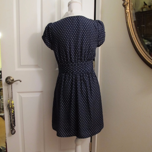 Navy blue/White polkadot Color bow Dress Cap Sleev - Picture 4 of 8