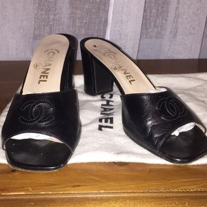 Vintage Chanel black leather slides, CC on toe
