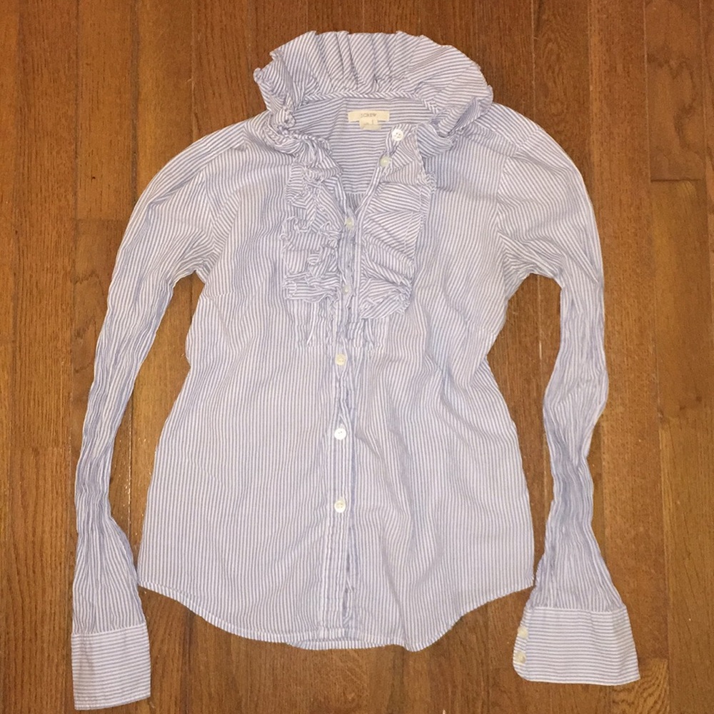 J. Crew Pinstripe Ruffle Blouse (size 0)