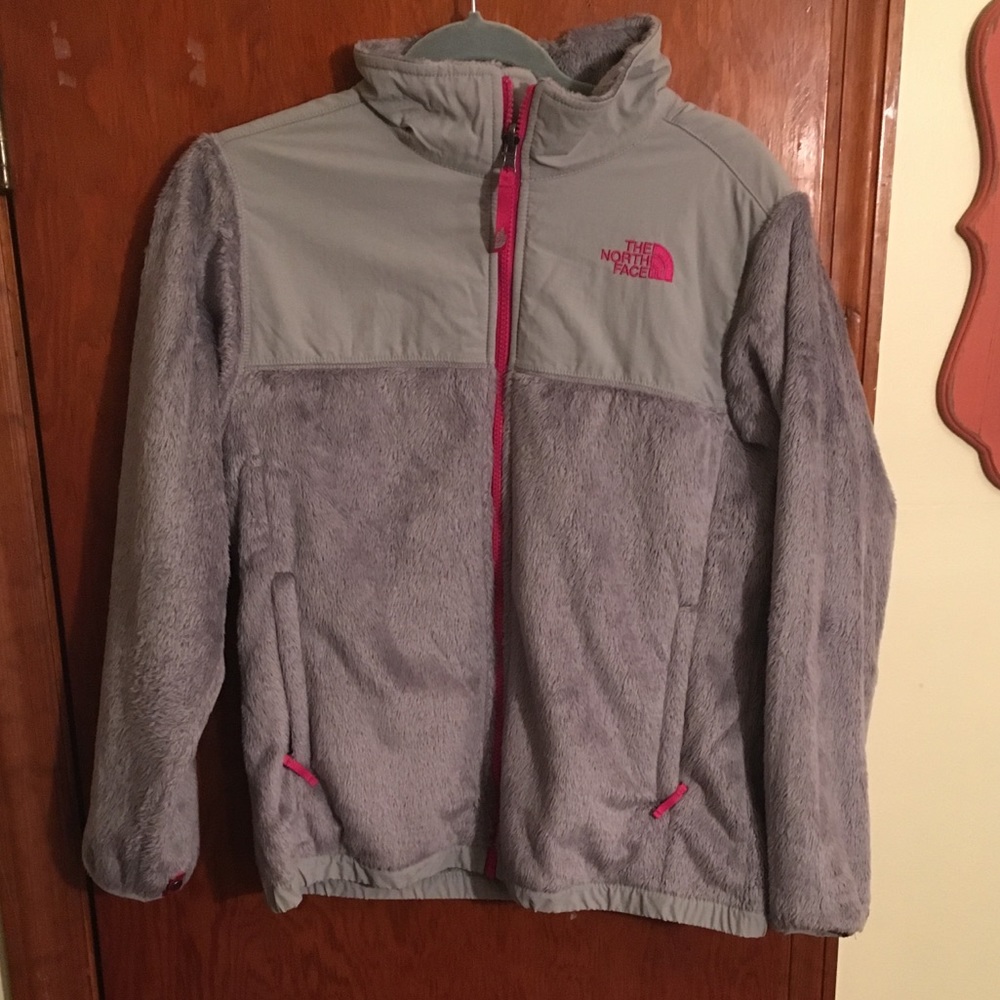 Girls XL grey and pink fuzzy north face