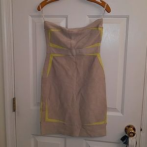 HERVE LEGER BEIGE AND CHARTREUSE STRAPLESS BODYCON