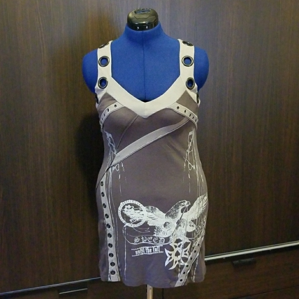 Printed grunge dress with grommets and lacing