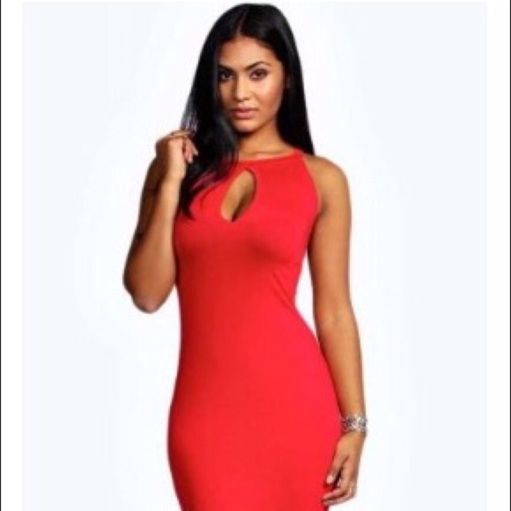 Boohoo red keyhole midi dress