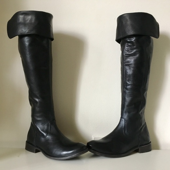 $498 FRYE Shirley Black Leather Tall Riding Over The Knee OTK Cuff Flat Boot 6 B - Picture 4 of 8