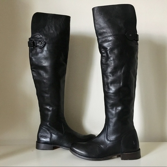 $498 FRYE Shirley Black Leather Tall Riding Over The Knee OTK Cuff Flat Boot 6 B - Picture 2 of 8