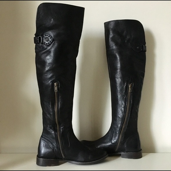$498 FRYE Shirley Black Leather Tall Riding Over The Knee OTK Cuff Flat Boot 6 B - Picture 3 of 8