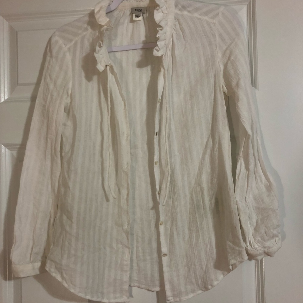 White ruffled button down