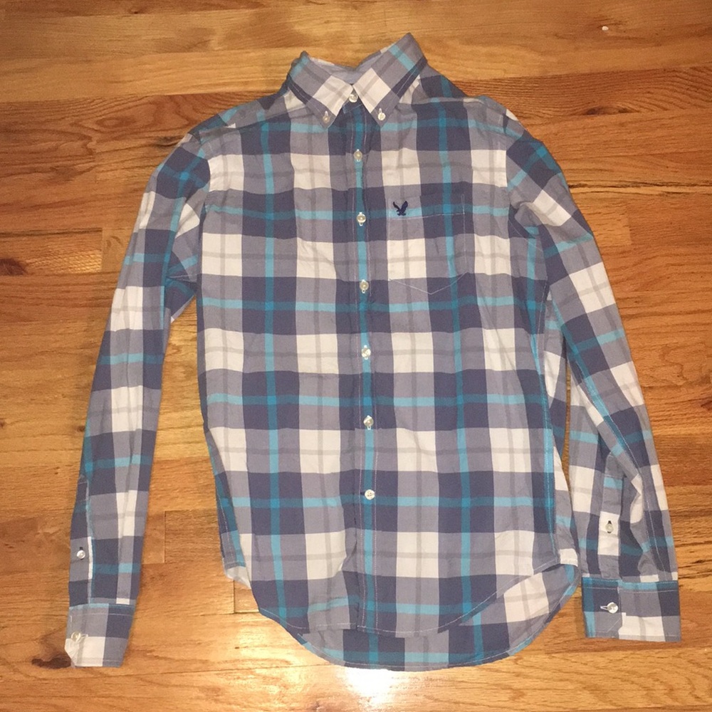 AMERICAN EAGLE PLAID SHIRT BLUE TEAL SIZE XS