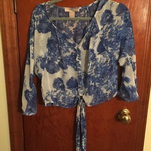 Blue floral tie front shirt