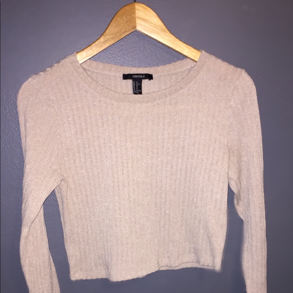 Beige Ribbed Knit Long Sleeve Cropped Sweater Top