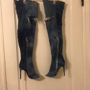 Blue jean knee high boots