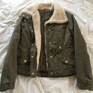 Green Army Jacket with Faux Fur