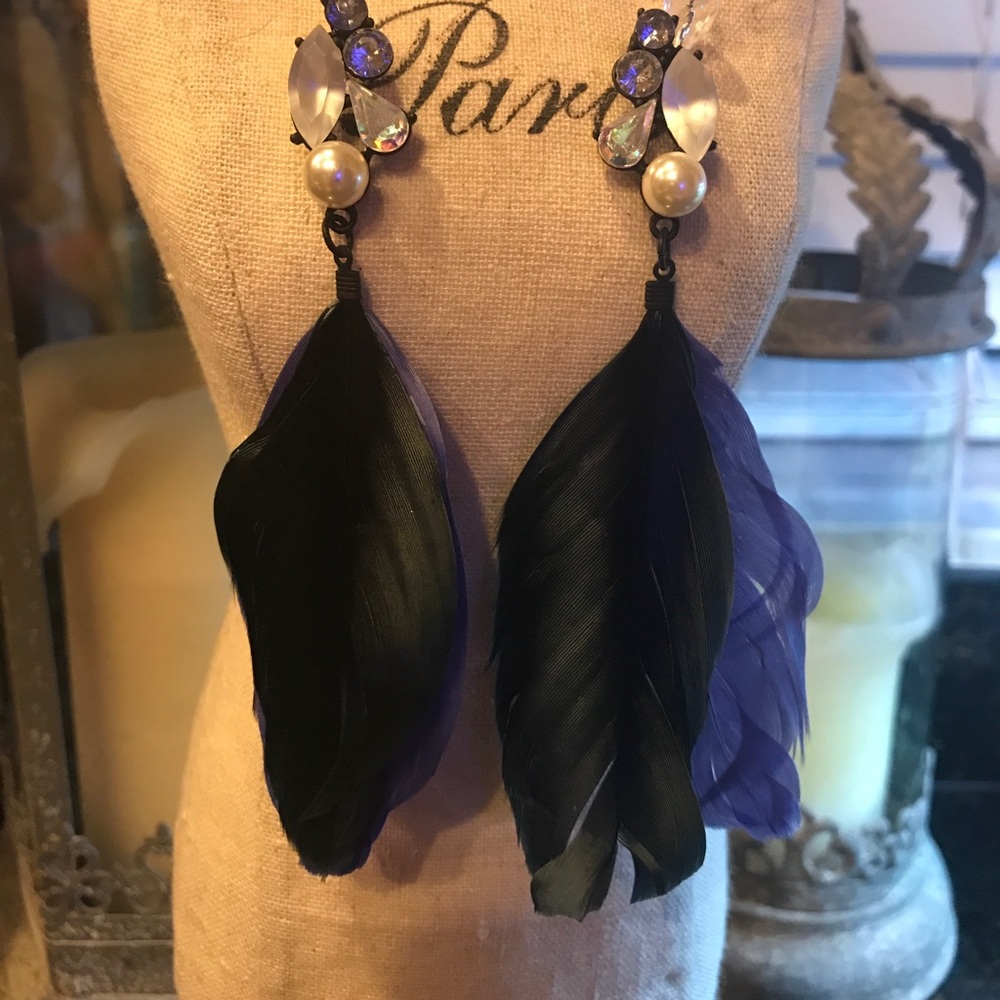 Blue and rhinestone  feather earrings
