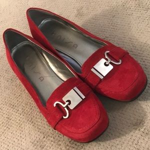 Unisa Red suede with silver buckle wedge