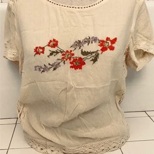 Free People Embroidered Crocheted Short Sleeve Top