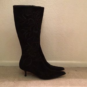 Black Suede knee high embroidered boots