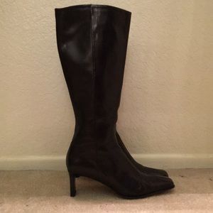 Black leather knee high boots with square toe
