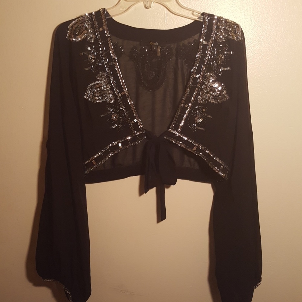Embellished mesh long sleeve crop top blouse