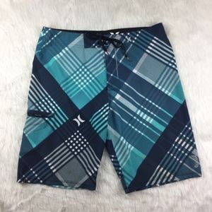 Hurley Phantom Blue Plaid Surf SwimBoard Shorts