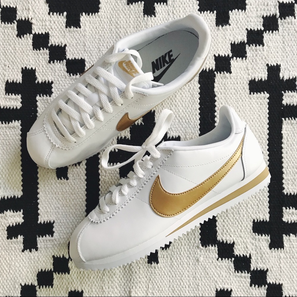 Nike White + Gold Leather Cortez Sneakers - Picture 5 of 8