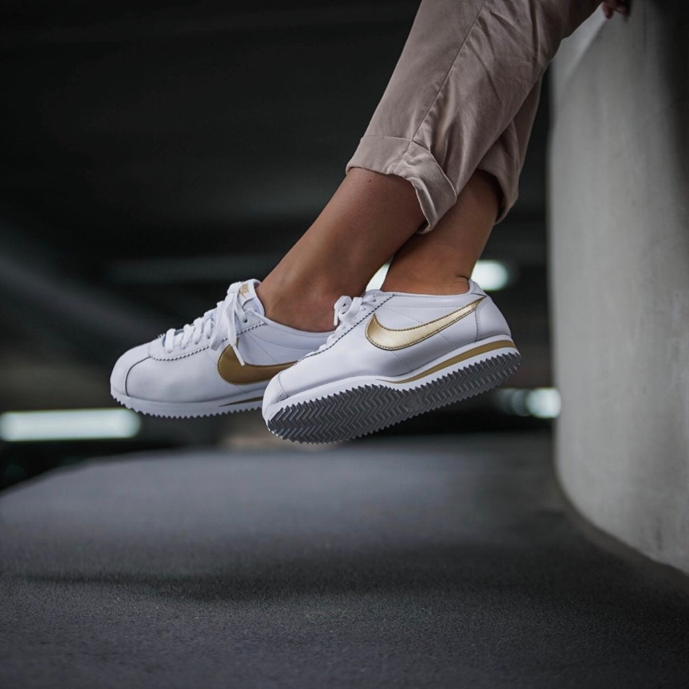 Nike White + Gold Leather Cortez Sneakers - Picture 2 of 8