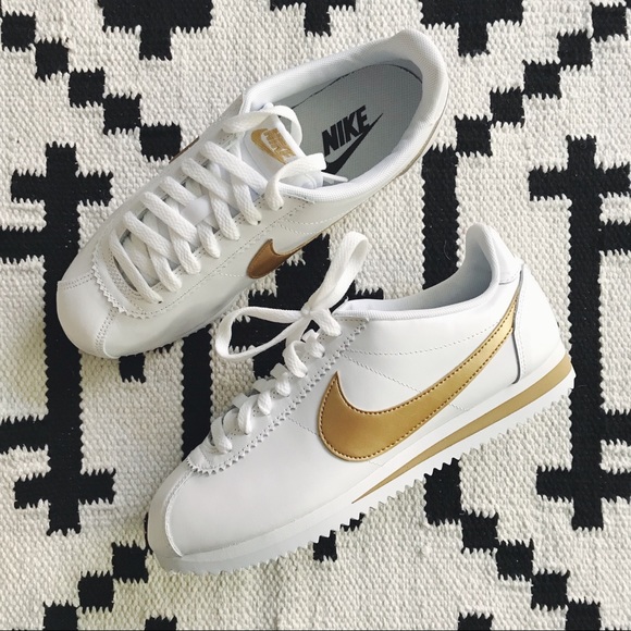 Nike White + Gold Leather Cortez Sneakers - Picture 5 of 8