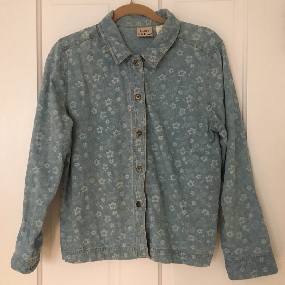 Flower printed denim button down