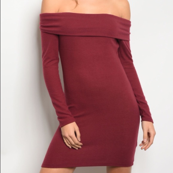 Burgundy Off-shoulder Dress - Picture 2 of 2