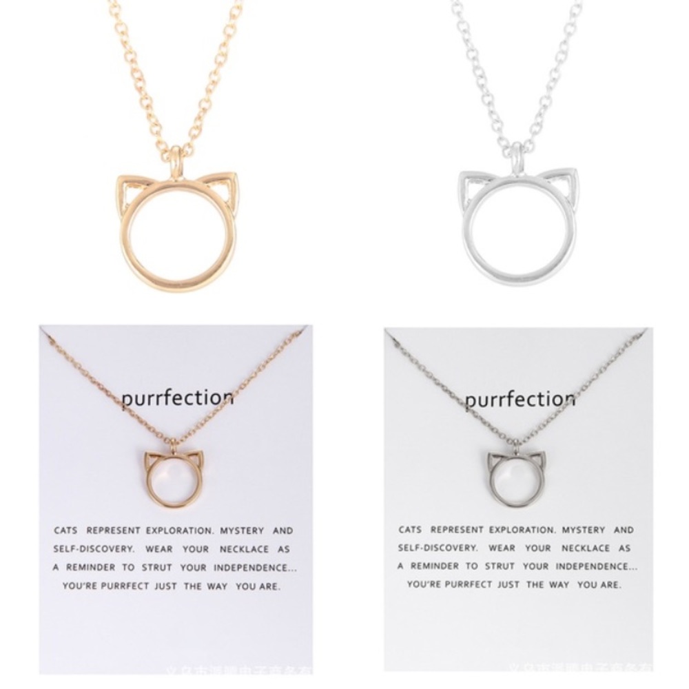 😺Awesome Metallic kitty cat head necklace in silver or gold motivational card