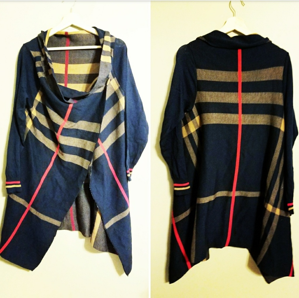 Navy Blue Plaid Long Wrap Cape Sweater