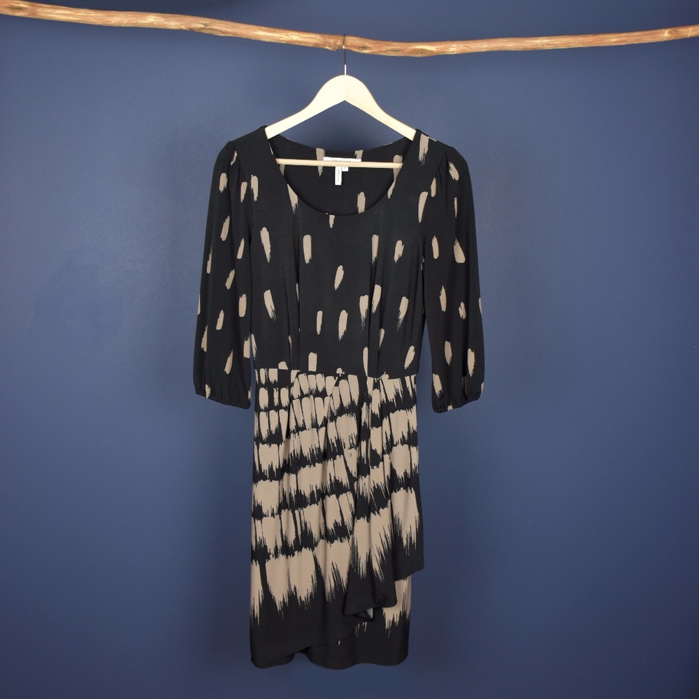 Max & Cleo 3/4 Sleeve Dress  Blk + Tan Wrap Dress