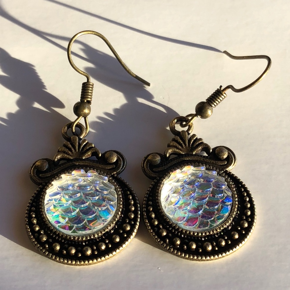 Iridescent Mermaid Vintage Bronze Drop Earrings! - Picture 4 of 11