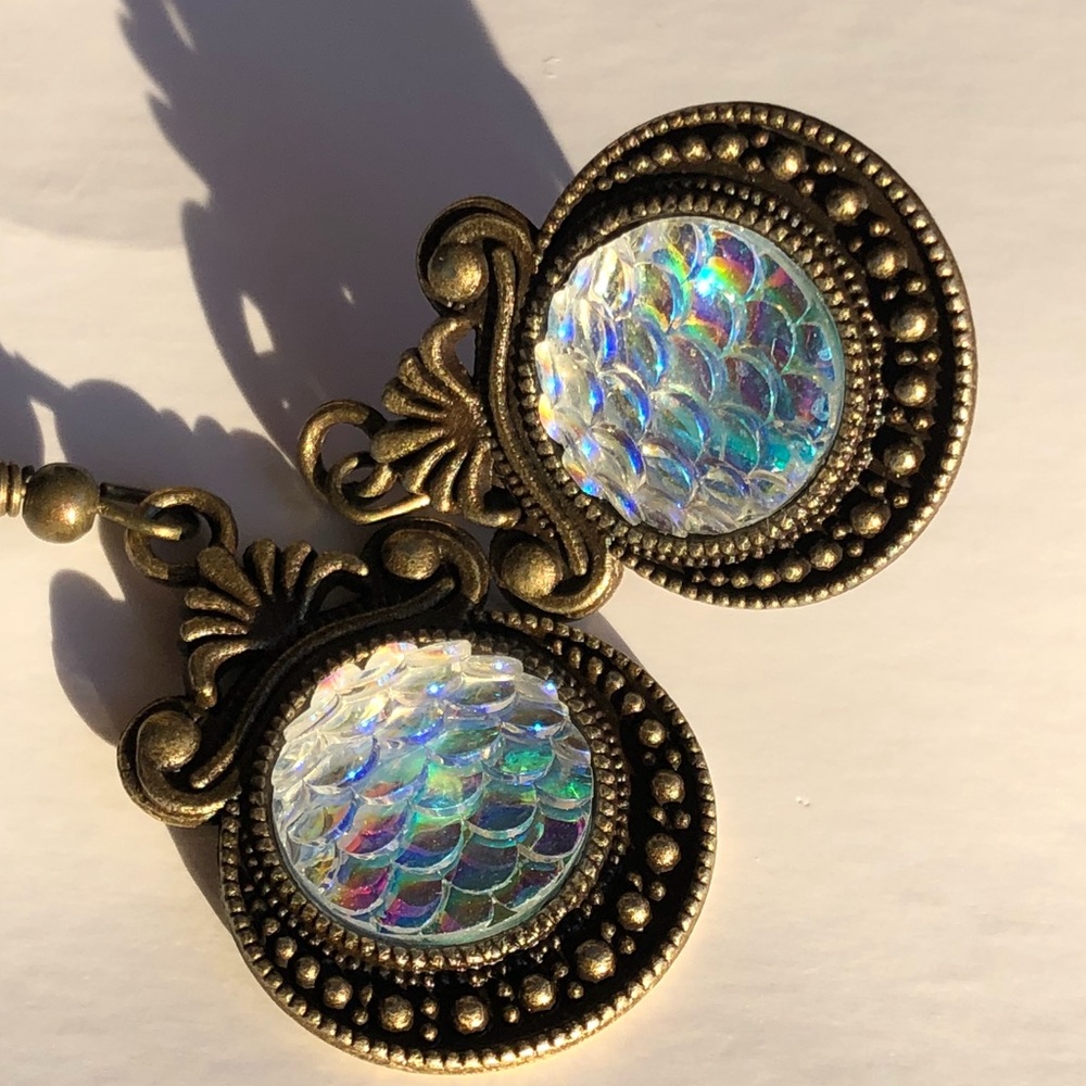 Iridescent Mermaid Vintage Bronze Drop Earrings! - Picture 3 of 11