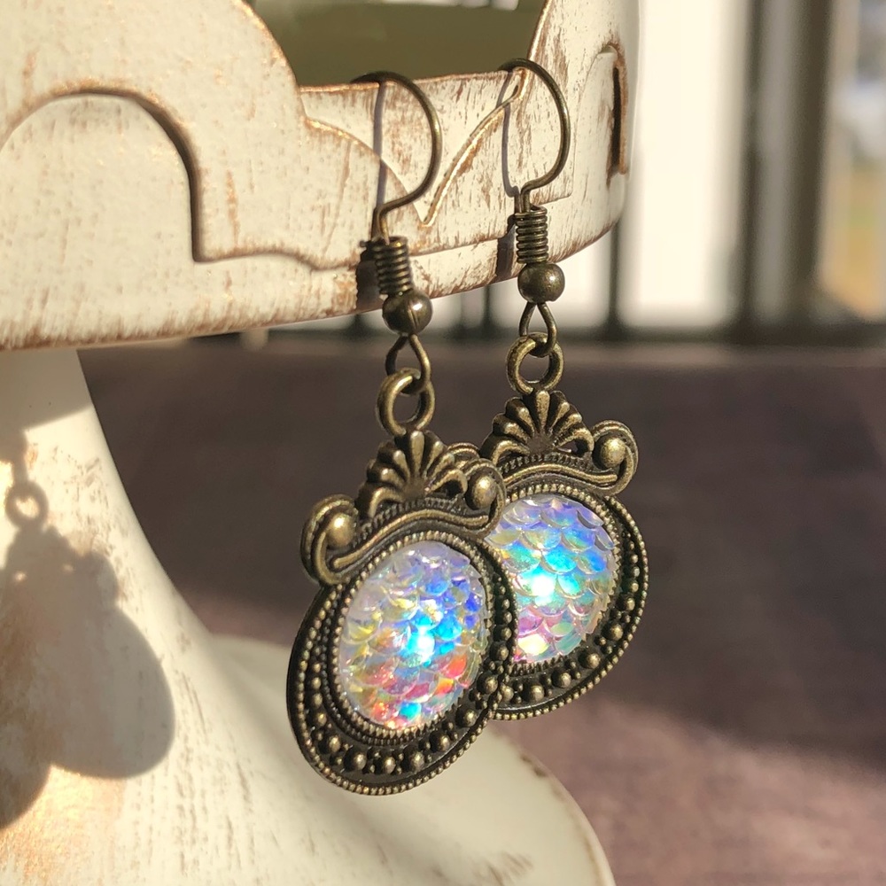 Iridescent Mermaid Vintage Bronze Drop Earrings! - Picture 2 of 11