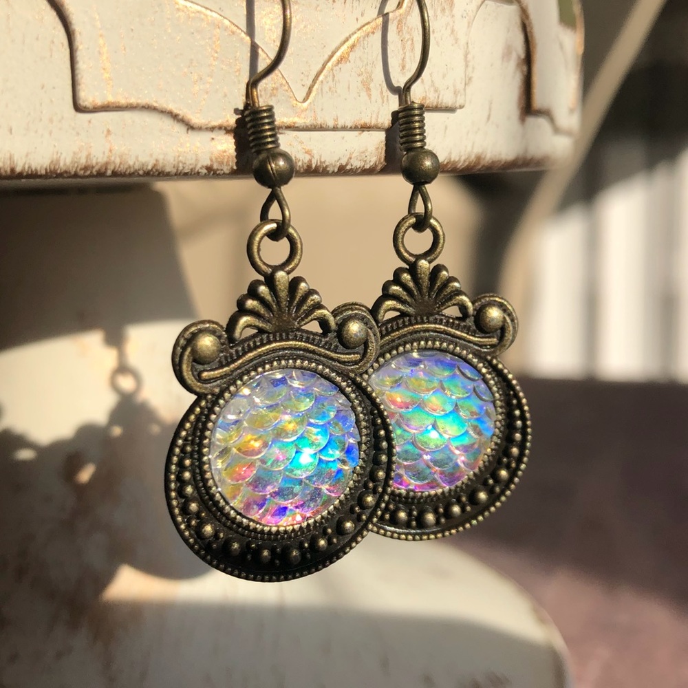 Iridescent Mermaid Vintage Bronze Drop Earrings! - Picture 6 of 11