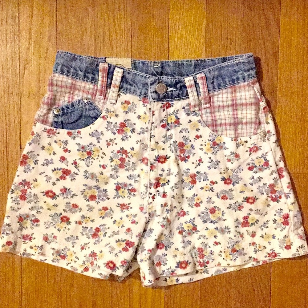 Vintage floral plaid patch highwaist denim shorts